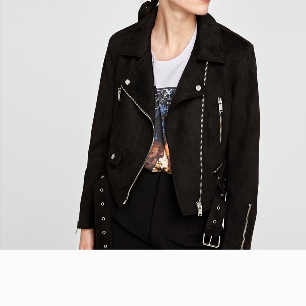 Zara Black Leather Jacket Asymmetrical Zipper Belted Waist